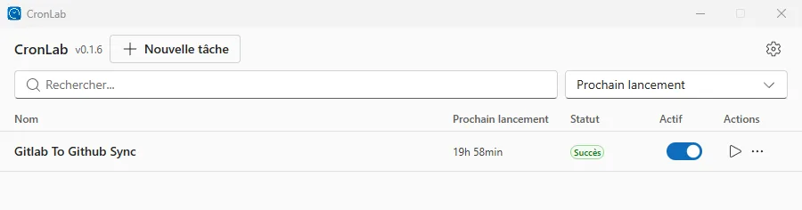 The top of the CronLab window with a single task, the GitLab to GitHub sync: next run in 19 h 58 min, last run successful.