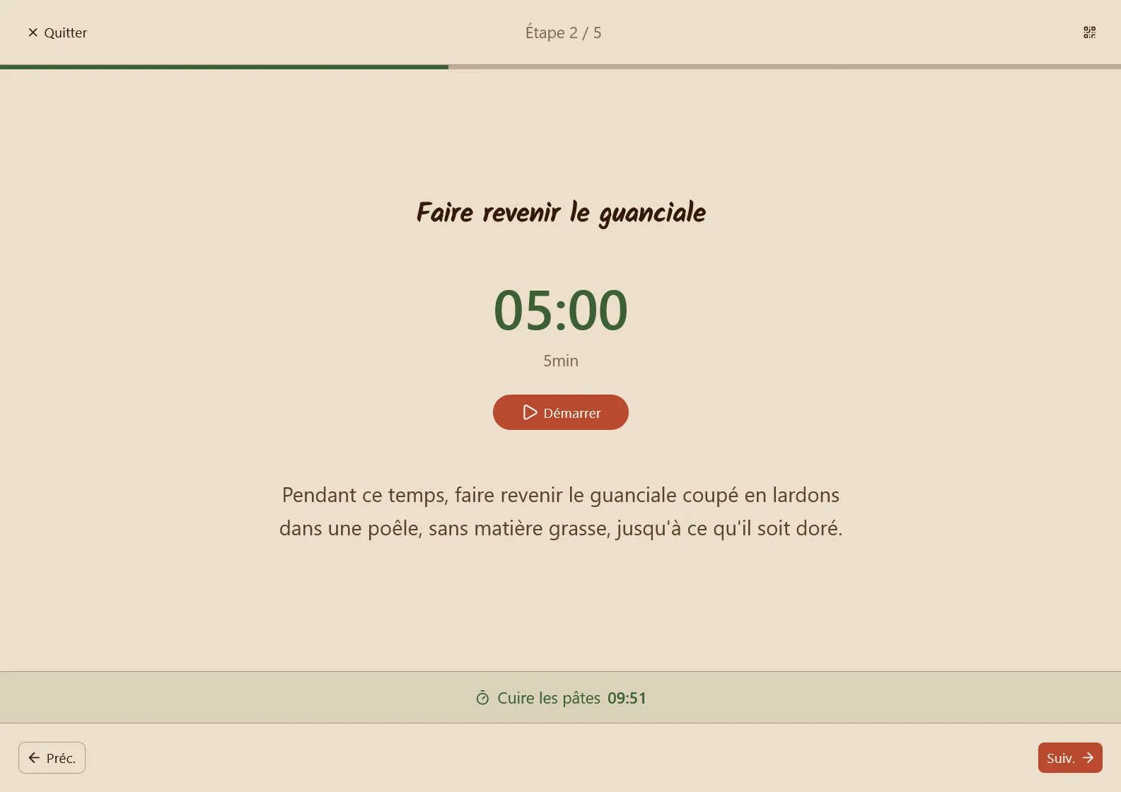The immersive cooking mode, with a step's timer and a previous step still counting down