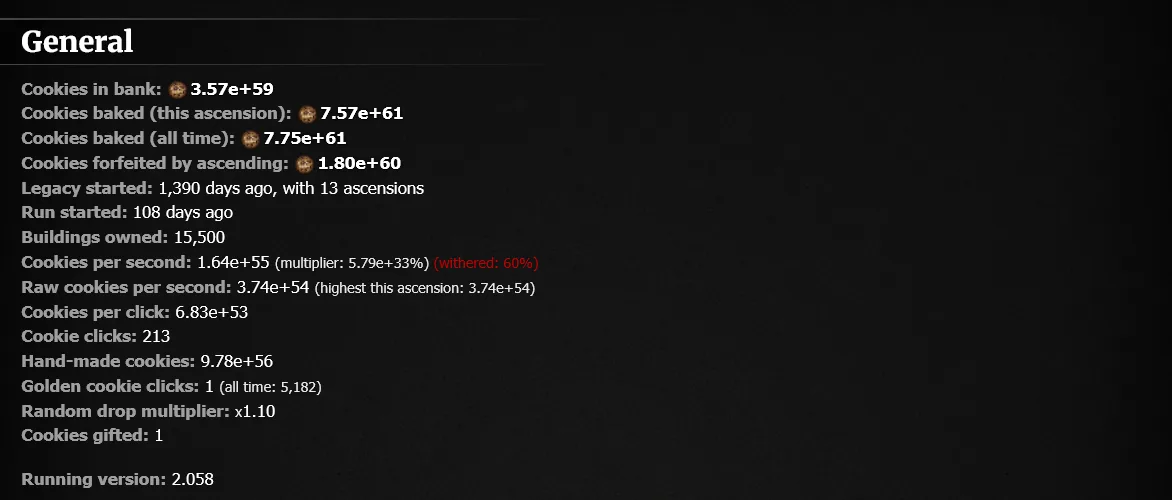 General statistics of my Cookie Clicker save