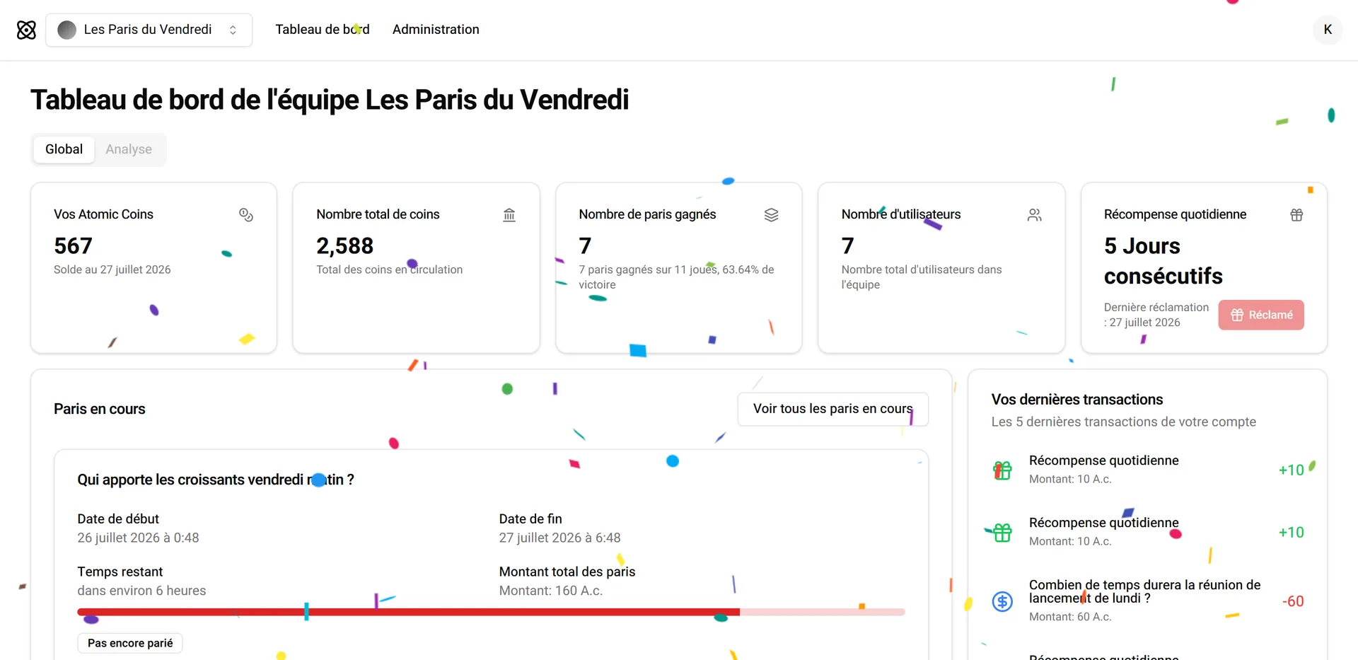 Le tableau de bord de l'équipe juste après la réclamation de la récompense quotidienne, sous une pluie de confettis