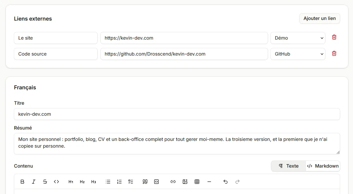 L'éditeur du back-office, avec le sélecteur entre le mode texte et le mode Markdown