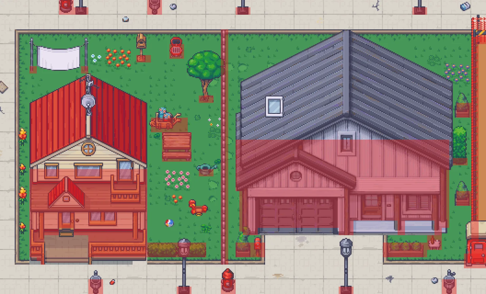 Les mêmes maisons avec, en rouge, ce qui bloque le passage.
