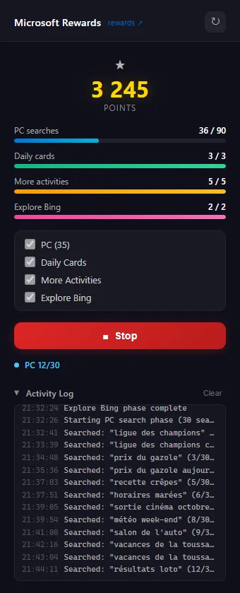 Le popup de l’extension en pleine session, avec des données de test : les points, une barre de progression par tâche, les quatre cases cochées, le bouton Stop et le journal des dernières recherches.