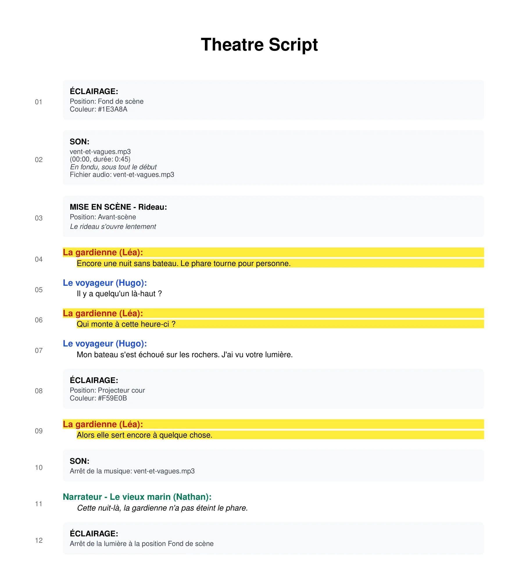 A page of the PDF of a French demo script: numbered elements, technical cues in grey boxes and the keeper’s lines highlighted in yellow.