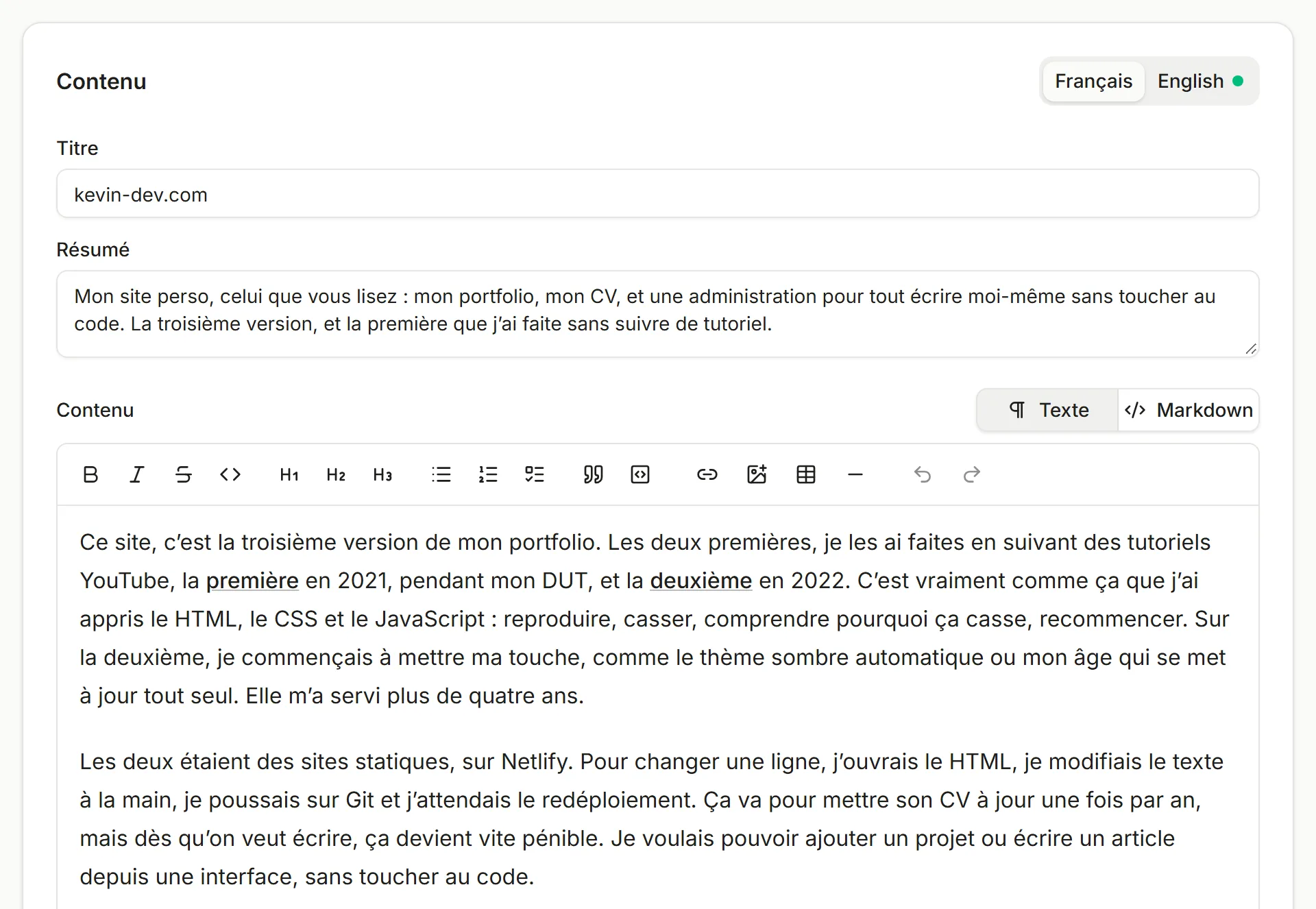 The form of this project in the admin area: its title, its summary, then the start of the French text in the editor, with the switch between “Texte” and “Markdown” above the toolbar.