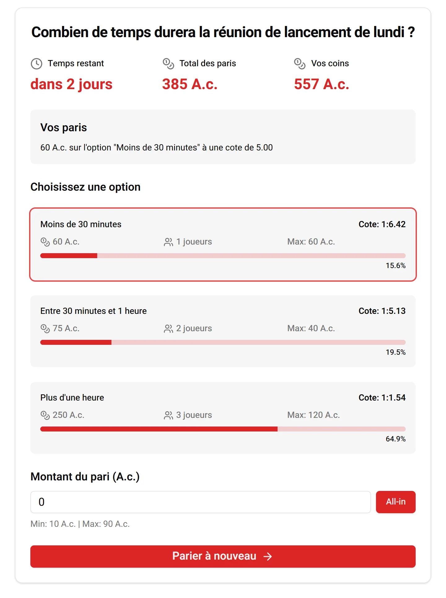 La page d'un pari ouvert : trois options avec leur cote, le total misé sur chacune, le nombre de joueurs et la part de chaque option dans le total