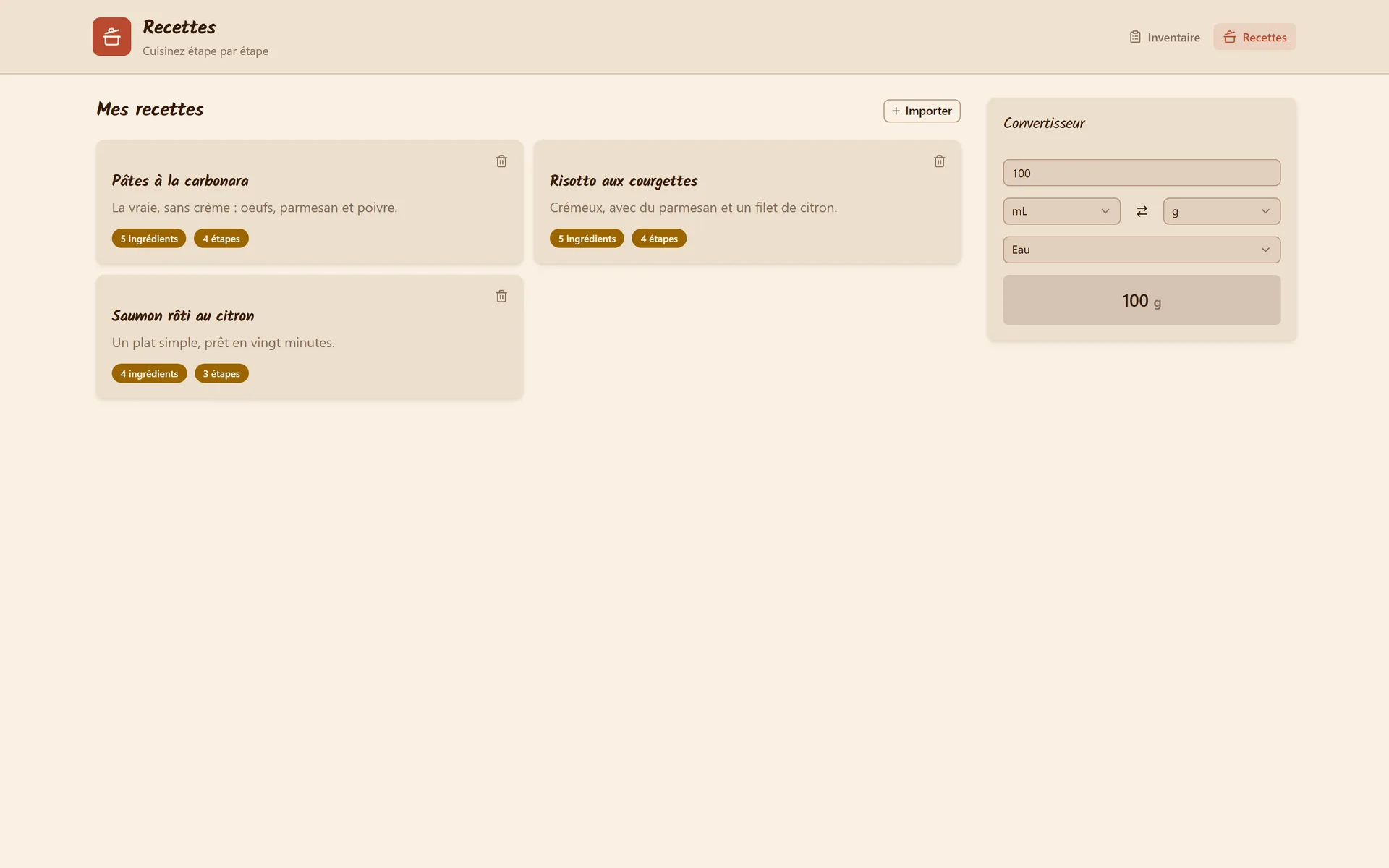 The recipe library, with the unit converter