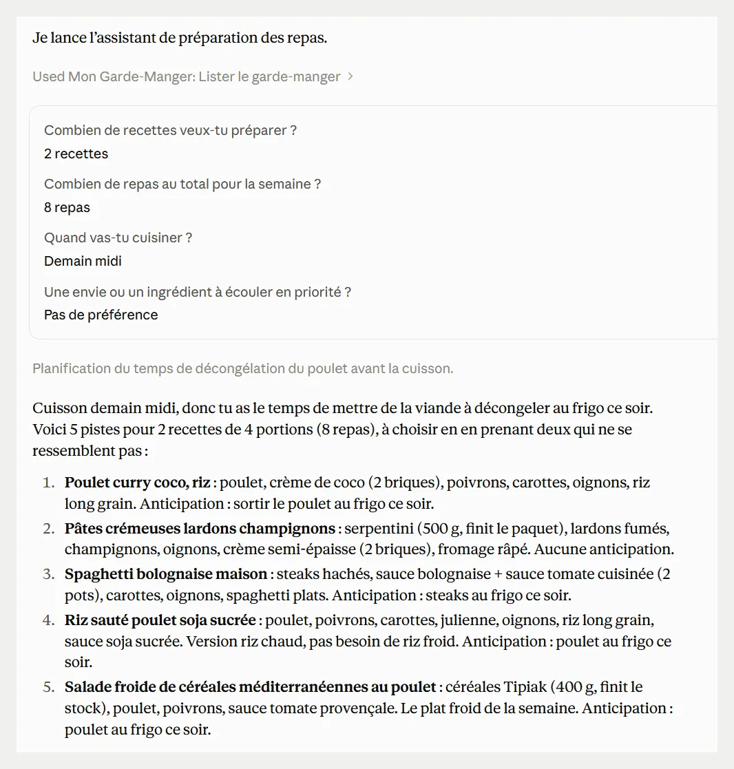 Claude lit le garde-manger, pose quatre questions sur les repas à préparer, puis propose cinq recettes faites avec le stock.