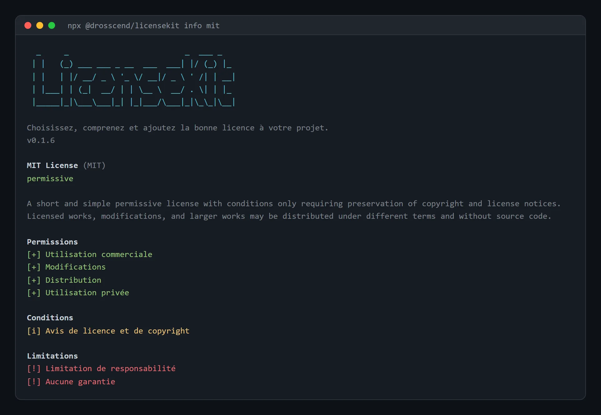 The MIT licence sheet in the terminal, in French: its family, its summary in English, then its permissions, conditions and limitations.