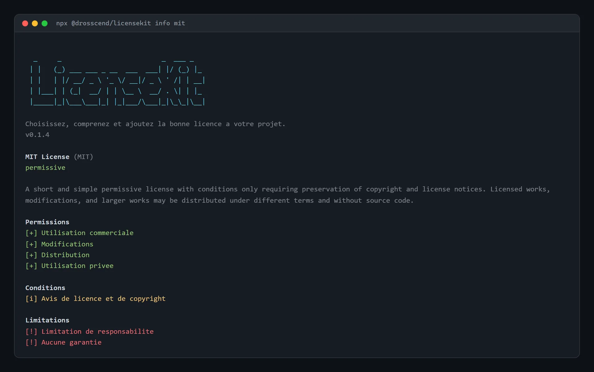 The MIT licence details as shown by LicenseKit